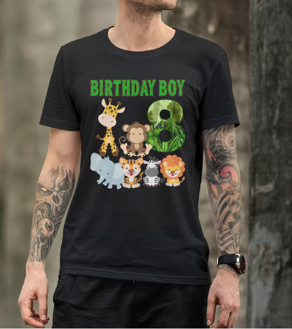 Birthday Boy Eight Jungle Safari Animals Elephant Giraffe Monkey Tiger Lion Zebra T-Shirt