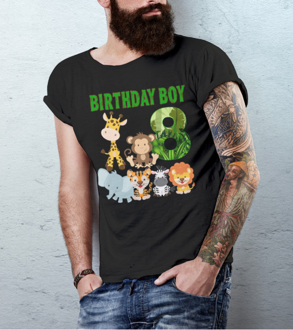 Birthday Boy Eight Jungle Safari Animals Elephant Giraffe Monkey Tiger Lion Zebra T-Shirt