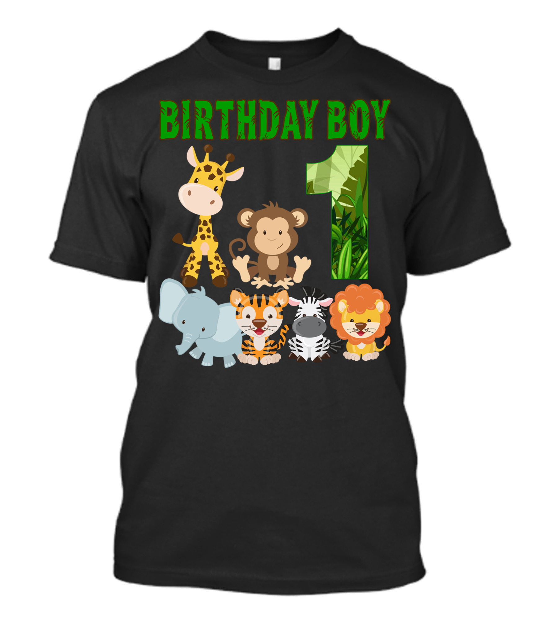 BIRTHDAY BOY Jungle Animals One Giraffe Monkey Elephant Tiger Zebra Lion T-Shirt