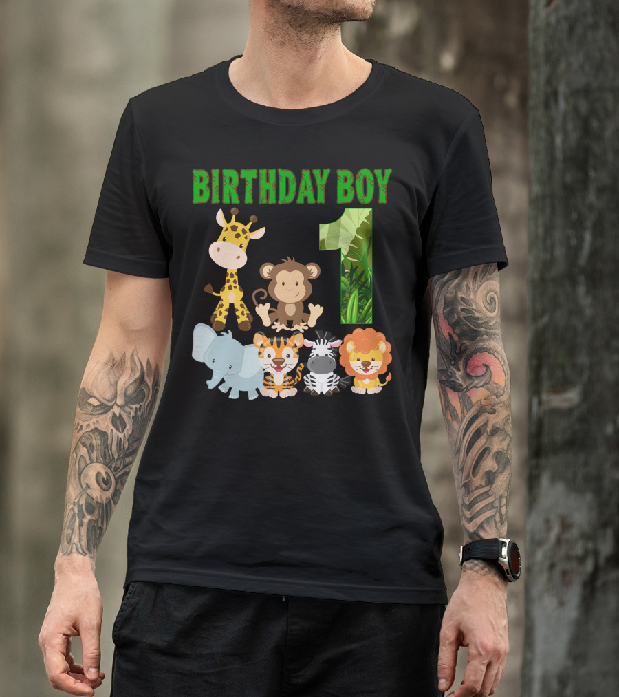 BIRTHDAY BOY Jungle Animals One Giraffe Monkey Elephant Tiger Zebra Lion T-Shirt