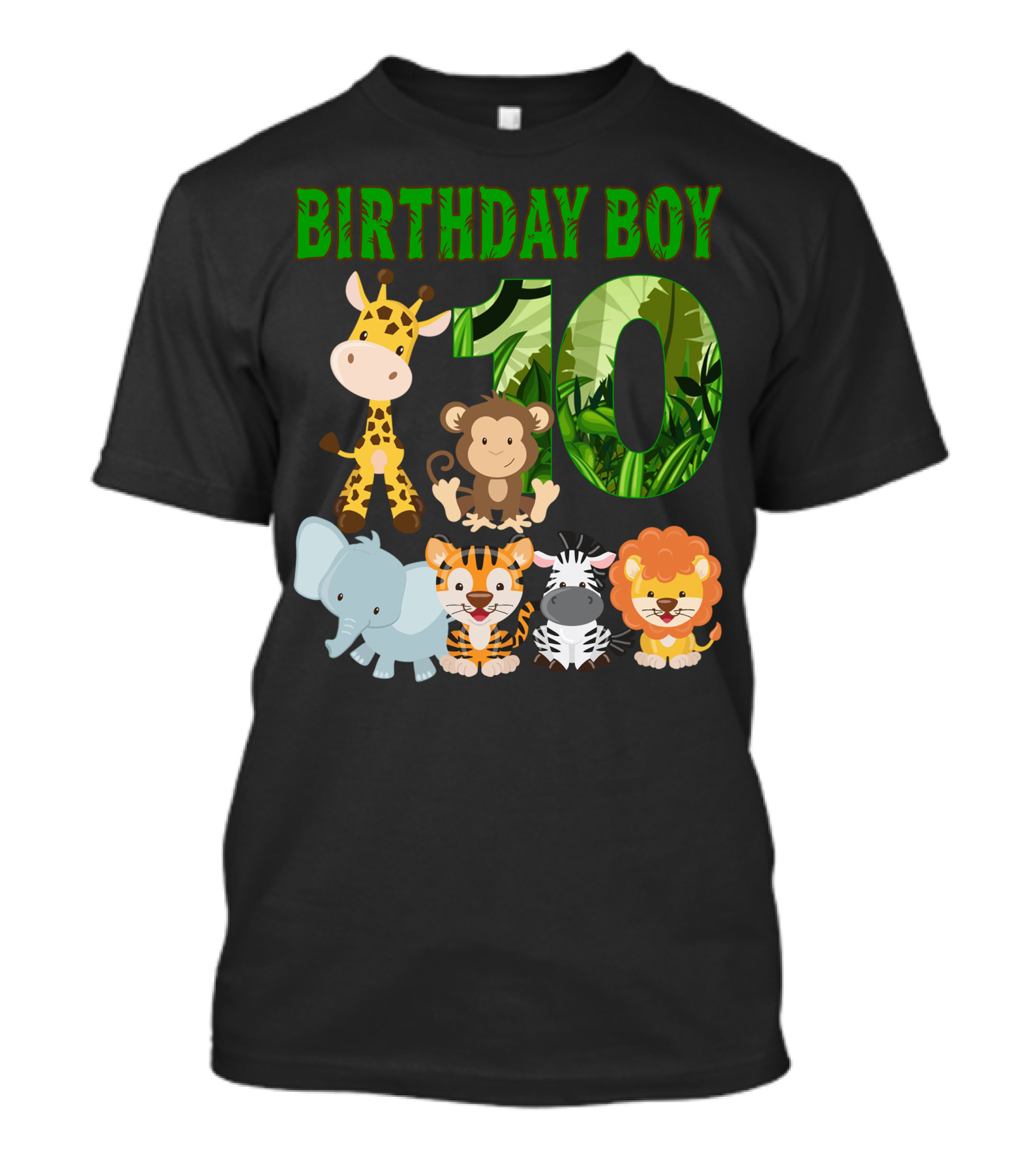 Birthday Boy Ten Jungle Animals Giraffe Monkey Elephant Tiger Zebra Lion T-Shirt