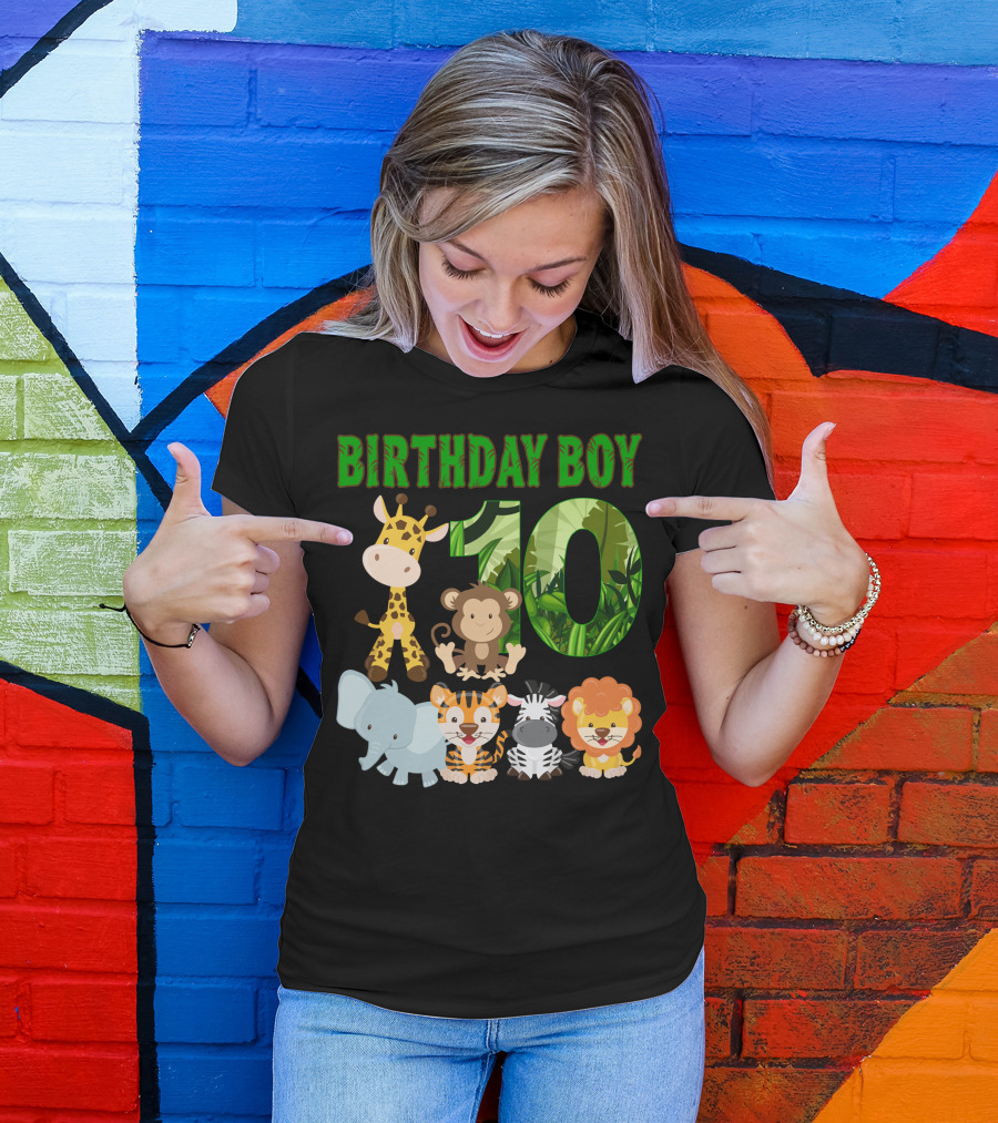 Birthday Boy Ten Jungle Animals Giraffe Monkey Elephant Tiger Zebra Lion T-Shirt