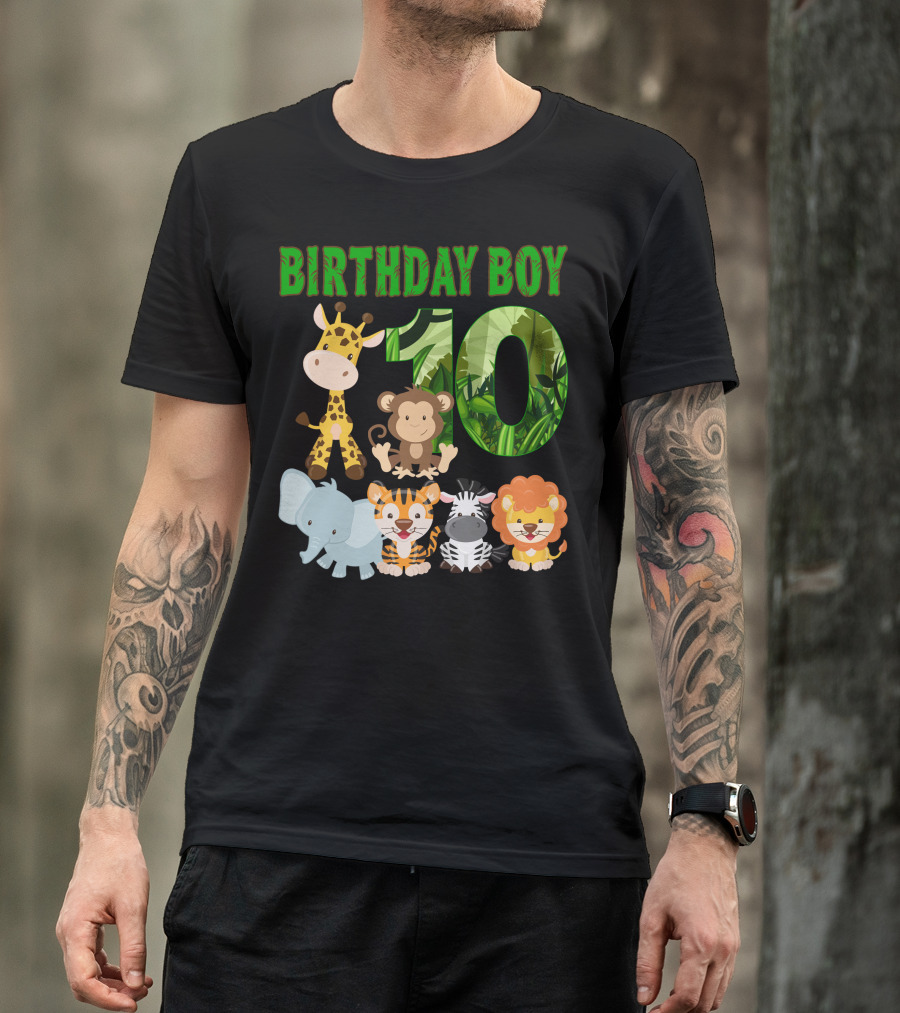 Birthday Boy Ten Jungle Animals Giraffe Monkey Elephant Tiger Zebra Lion T-Shirt