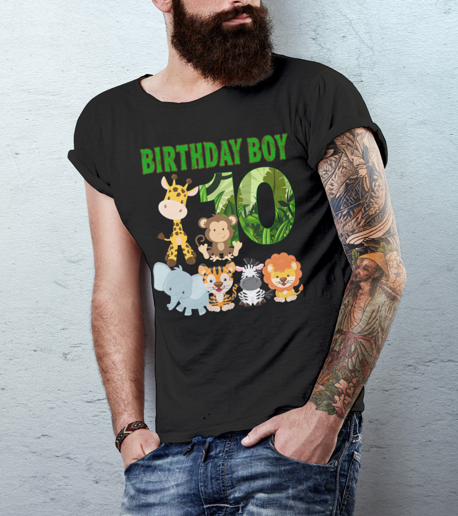 Birthday Boy Ten Jungle Animals Giraffe Monkey Elephant Tiger Zebra Lion T-Shirt