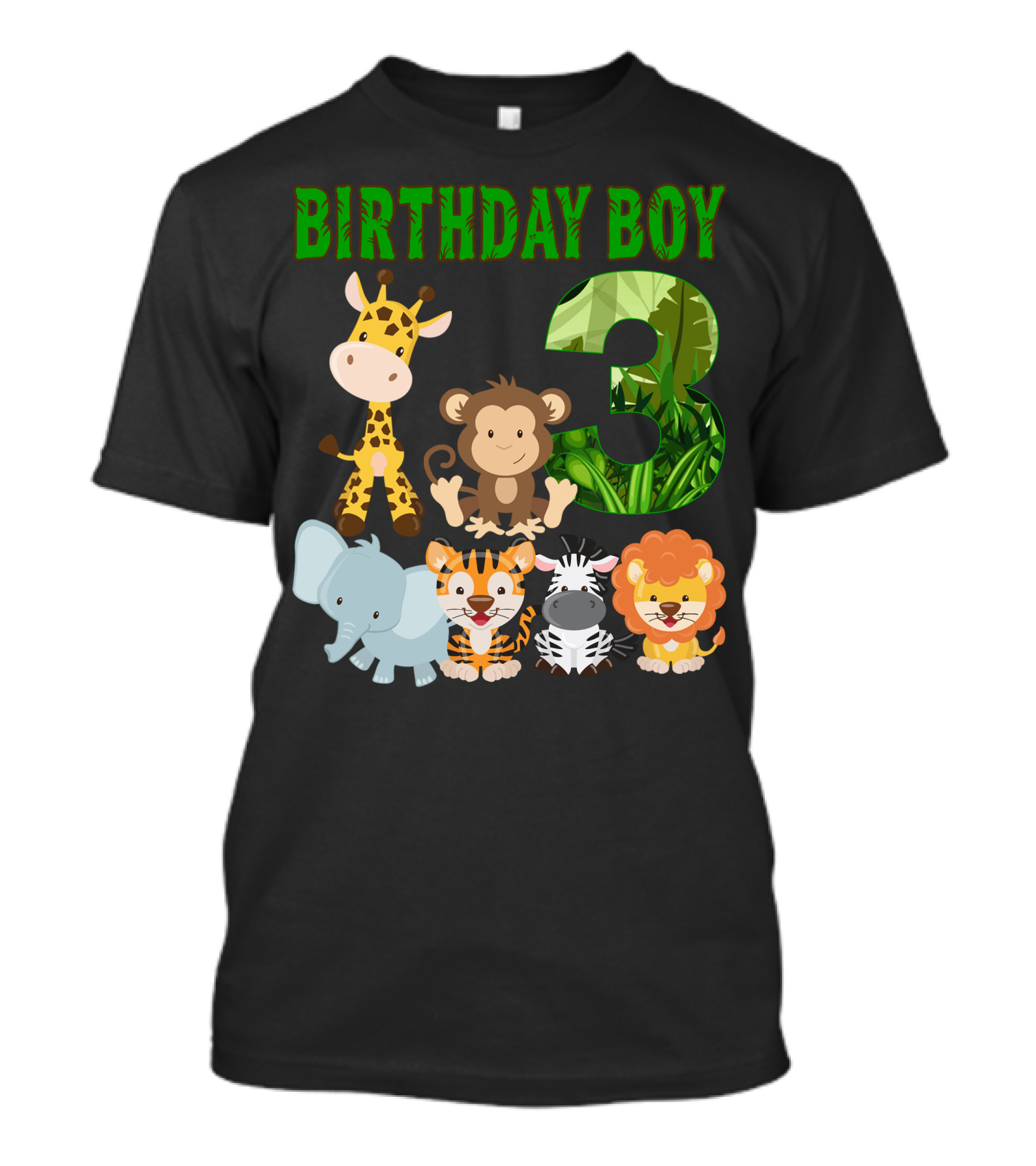 Birthday Boy Three Giraffe Monkey Elephant Tiger Zebra Lion Jungle T-Shirt