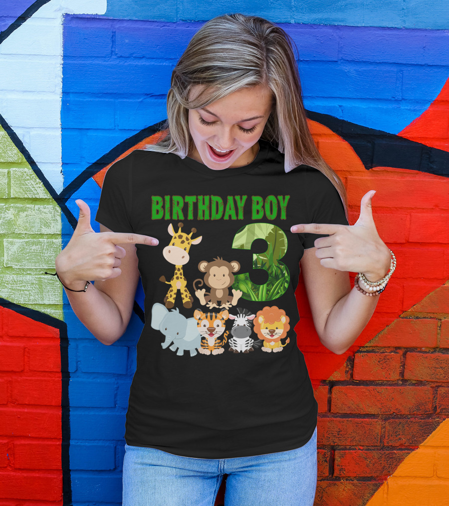 Birthday Boy Three Giraffe Monkey Elephant Tiger Zebra Lion Jungle T-Shirt