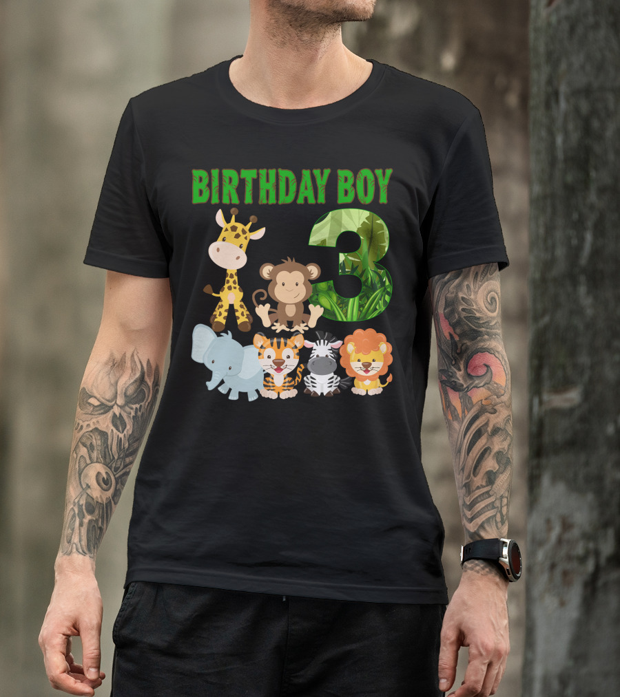 Birthday Boy Three Giraffe Monkey Elephant Tiger Zebra Lion Jungle T-Shirt