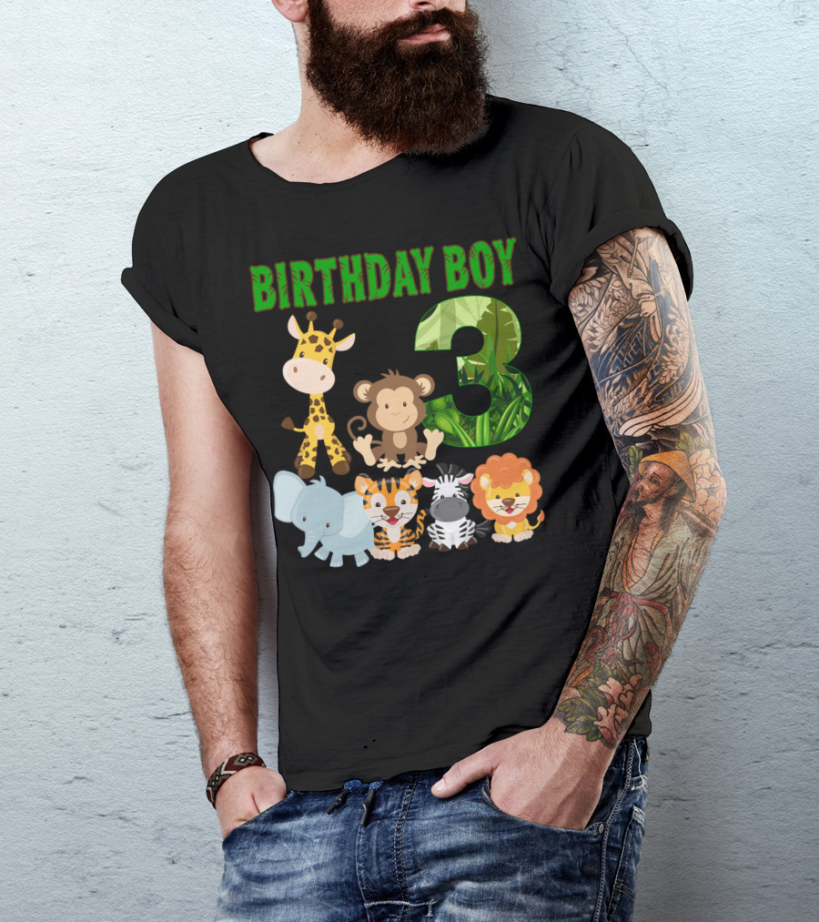 Birthday Boy Three Giraffe Monkey Elephant Tiger Zebra Lion Jungle T-Shirt