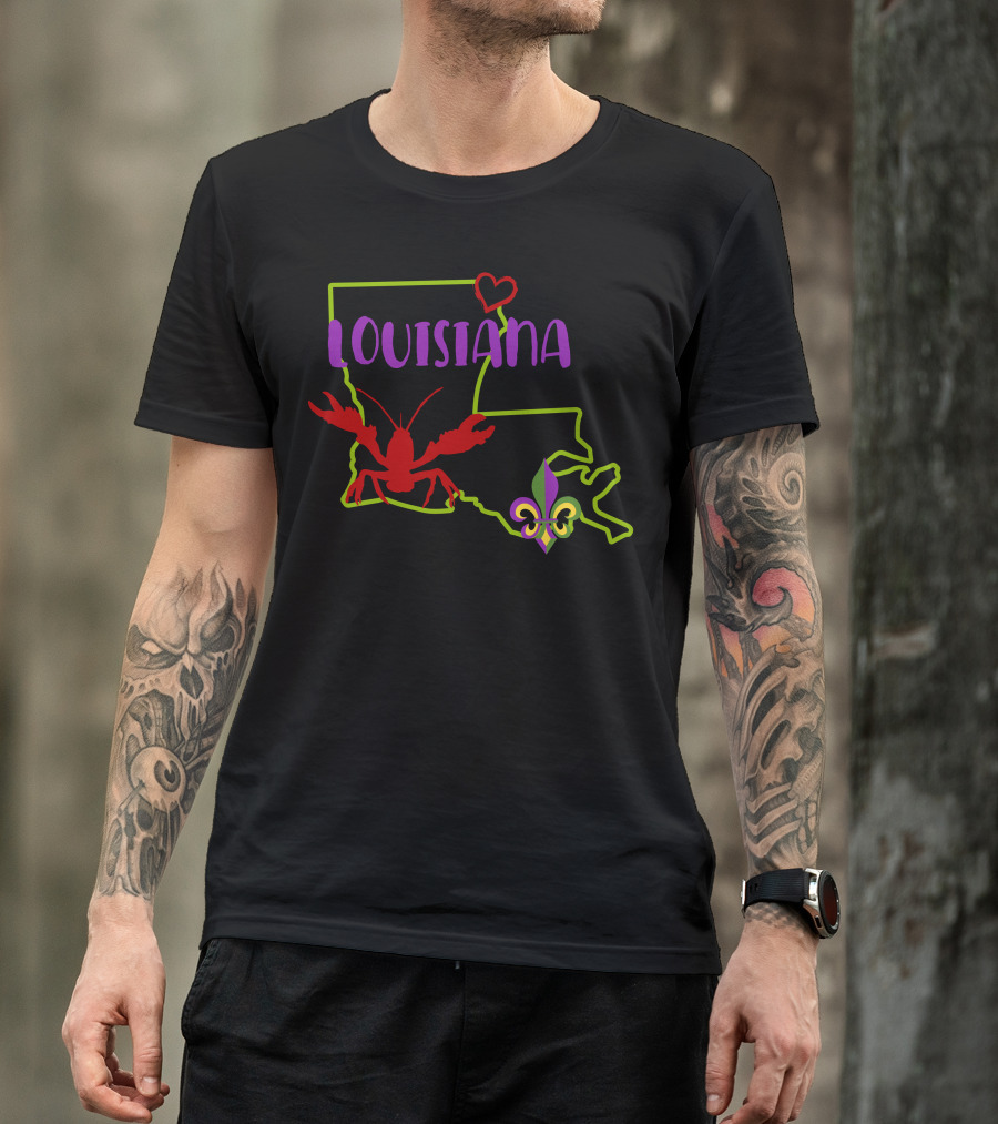 Louisiana Crawfish Map With Fleur-de-Lis And Heart Outline T-Shirt