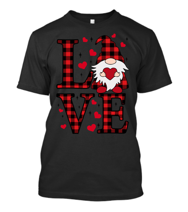 Love Valentine Gnome Buffalo Plaid Hearts T-Shirt
