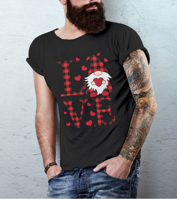 Love Valentine Gnome Buffalo Plaid Hearts T-Shirt