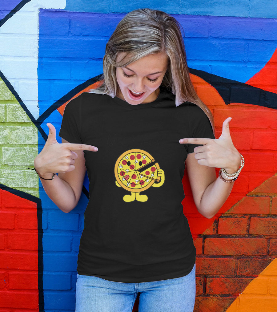 MR PIZZA Cartoon Pizza Slice Character With Pepperoni And Mushrooms T-Shirt