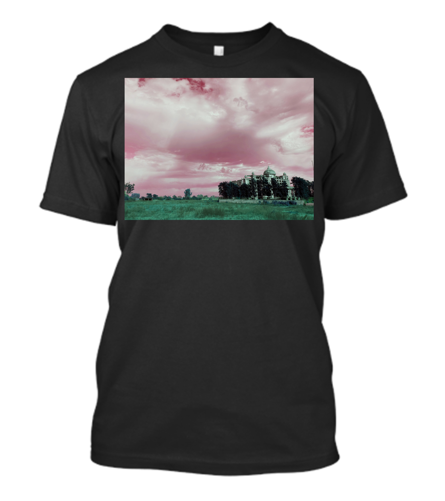 Pink Sky Over Majestic Building And Lush Green Landscape T-Shirt