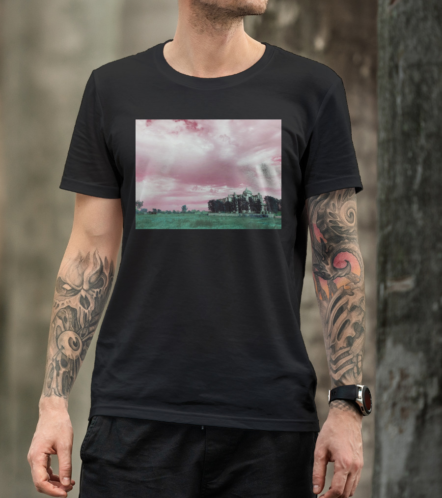 Pink Sky Over Majestic Building And Lush Green Landscape T-Shirt