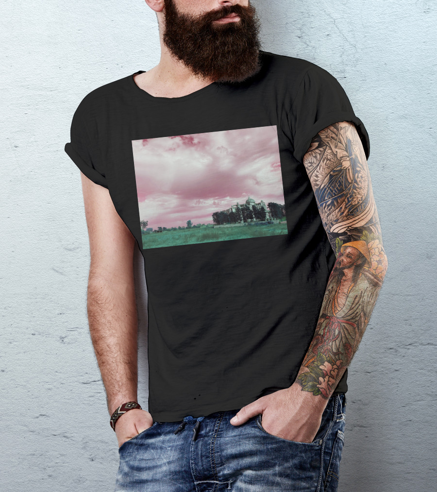 Pink Sky Over Majestic Building And Lush Green Landscape T-Shirt