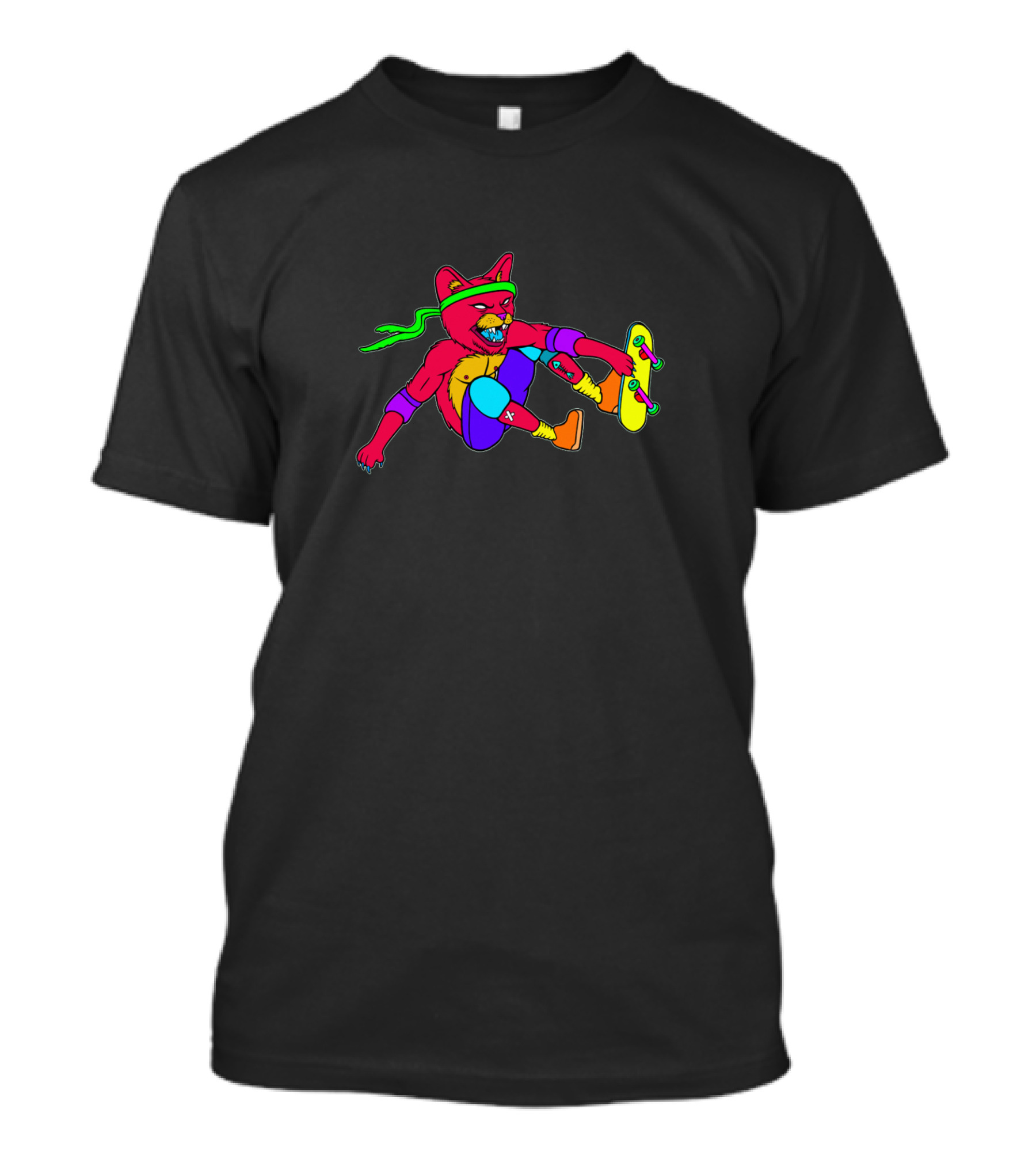 Neon Skateboarding Cat With Headband And Yellow Skateboard T-Shirt
