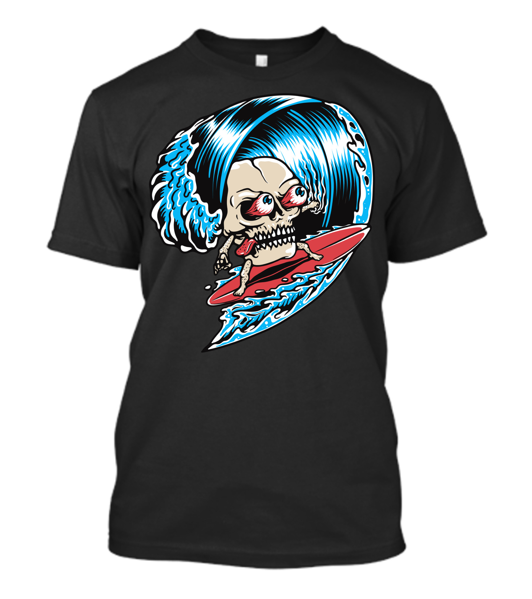 Skull Surfing Cartoon Wave Skull Riding A Surfboard Ocean Waves T-Shirt