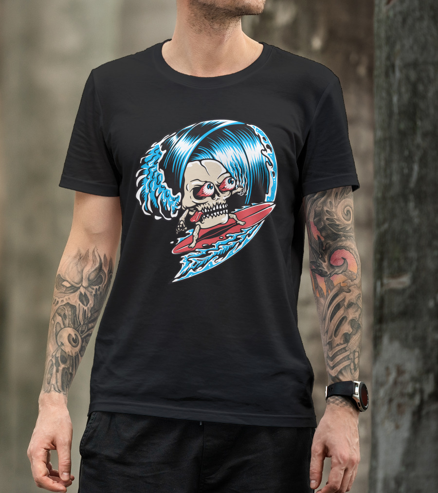 Skull Surfing Cartoon Wave Skull Riding A Surfboard Ocean Waves T-Shirt