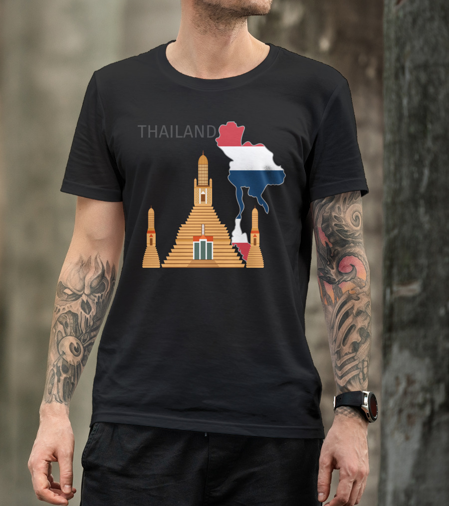 Thailand Map And Wat Arun Pagoda With Flag Colors T-Shirt
