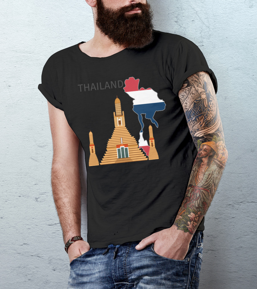 Thailand Map And Wat Arun Pagoda With Flag Colors T-Shirt