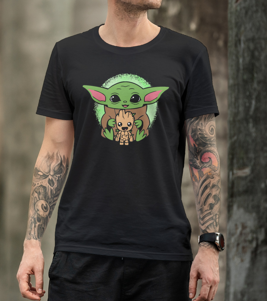 Baby Yoda Hugging Baby Groot Galaxy Friends T-Shirt