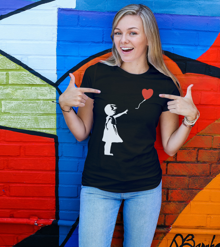 Banksy Style Girl With Red Heart Balloon T-Shirt