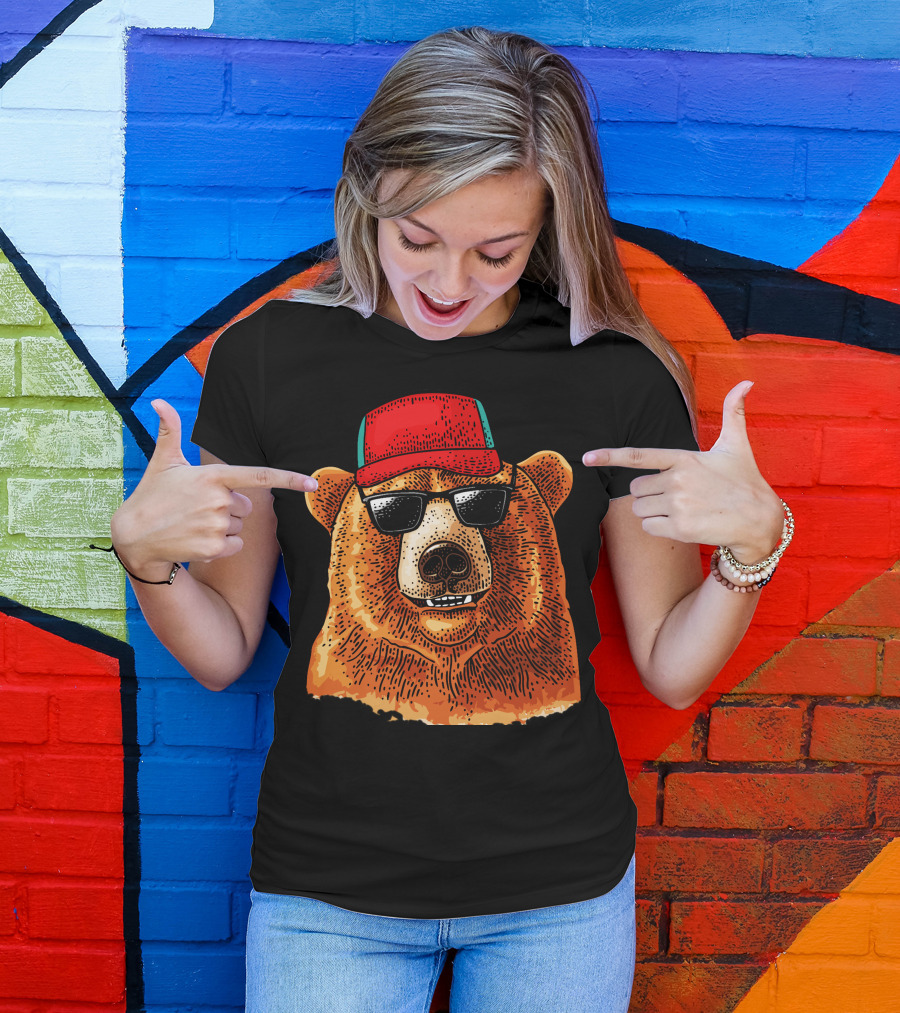 Bear With Red Baseball Cap And Sunglasses T-Shirt