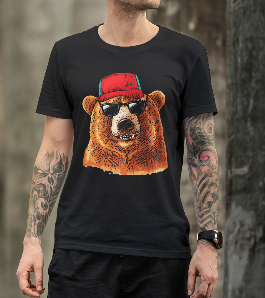 Bear With Red Baseball Cap And Sunglasses T-Shirt