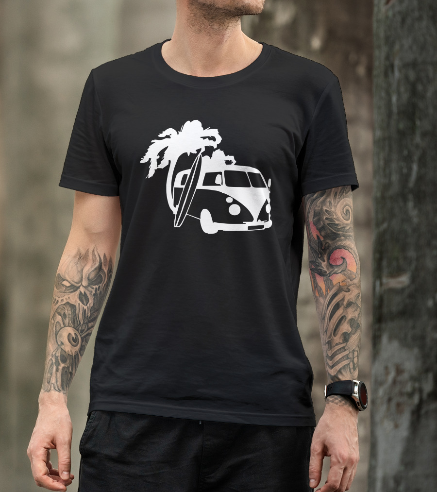Camper Van Surf Split Palm Tree Surfboard Vintage Vibe T-Shirt