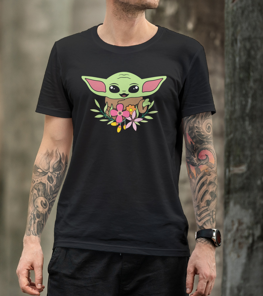 Baby Yoda Surrounded By Bright Flowers T-Shirt