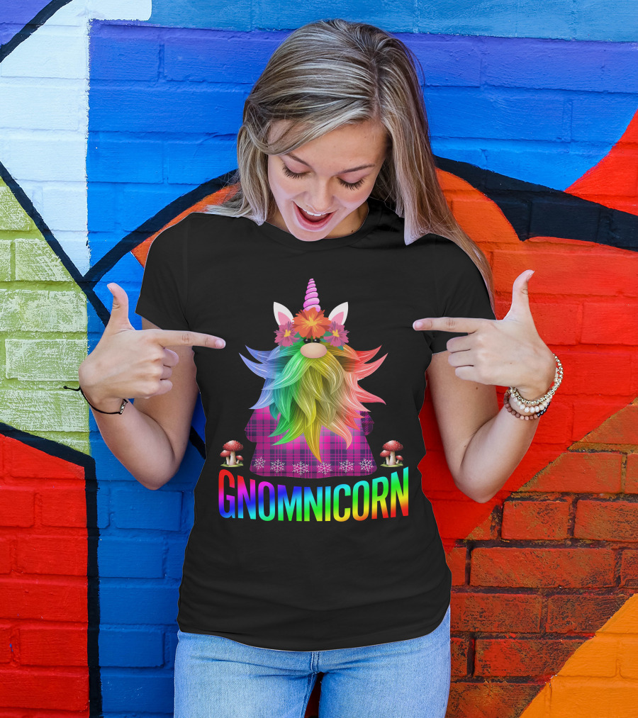 Gnomnicorn Rainbow Gnome With Unicorn Horn And Mushroom Accents T-Shirt