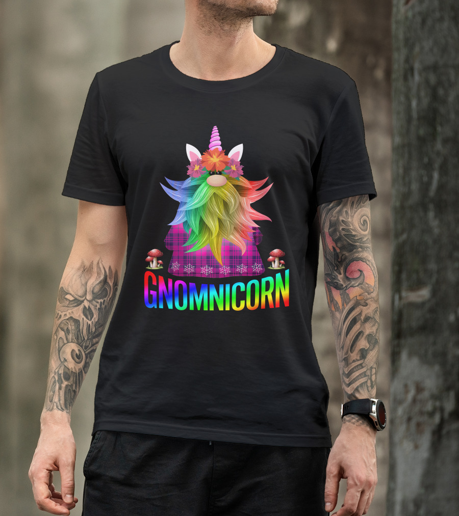 Gnomnicorn Rainbow Gnome With Unicorn Horn And Mushroom Accents T-Shirt