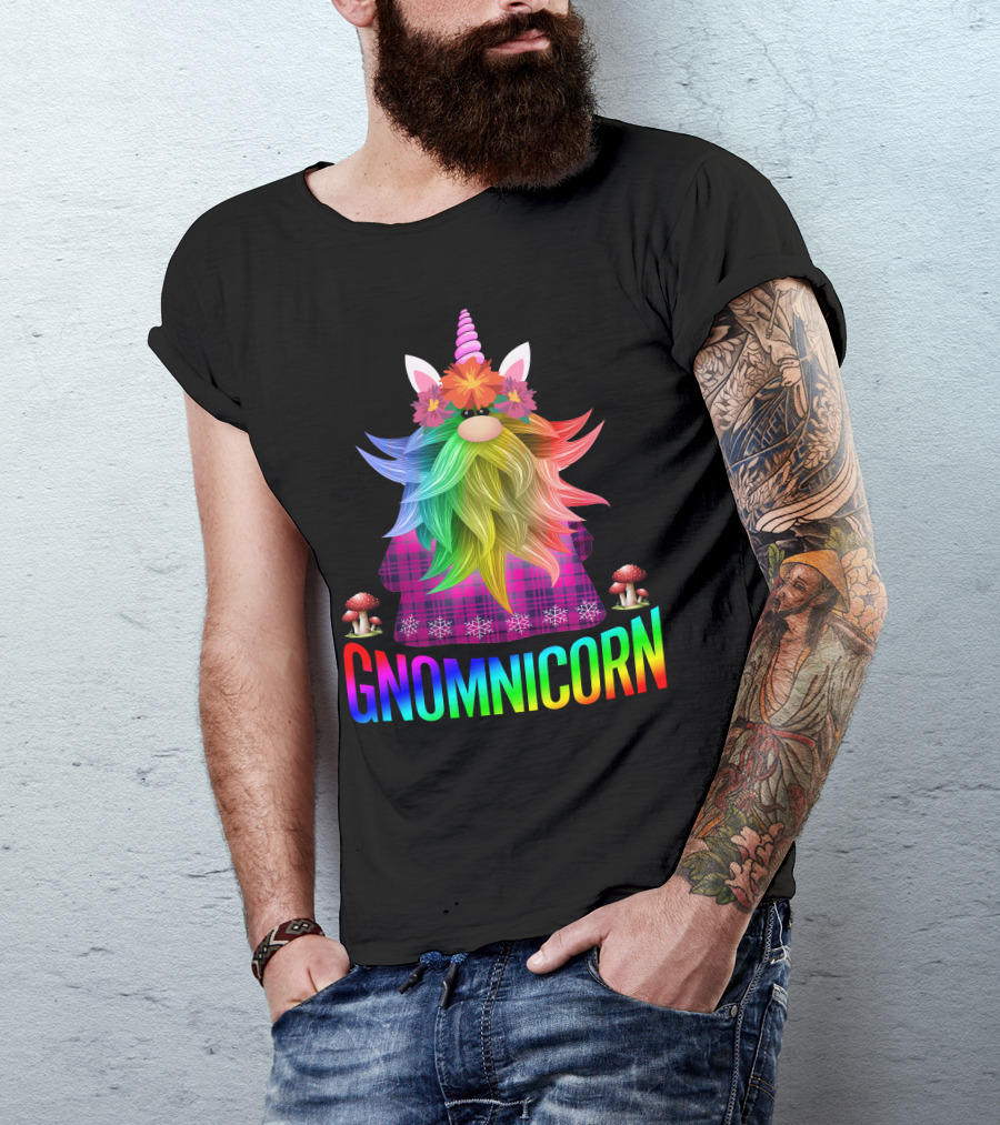 Gnomnicorn Rainbow Gnome With Unicorn Horn And Mushroom Accents T-Shirt