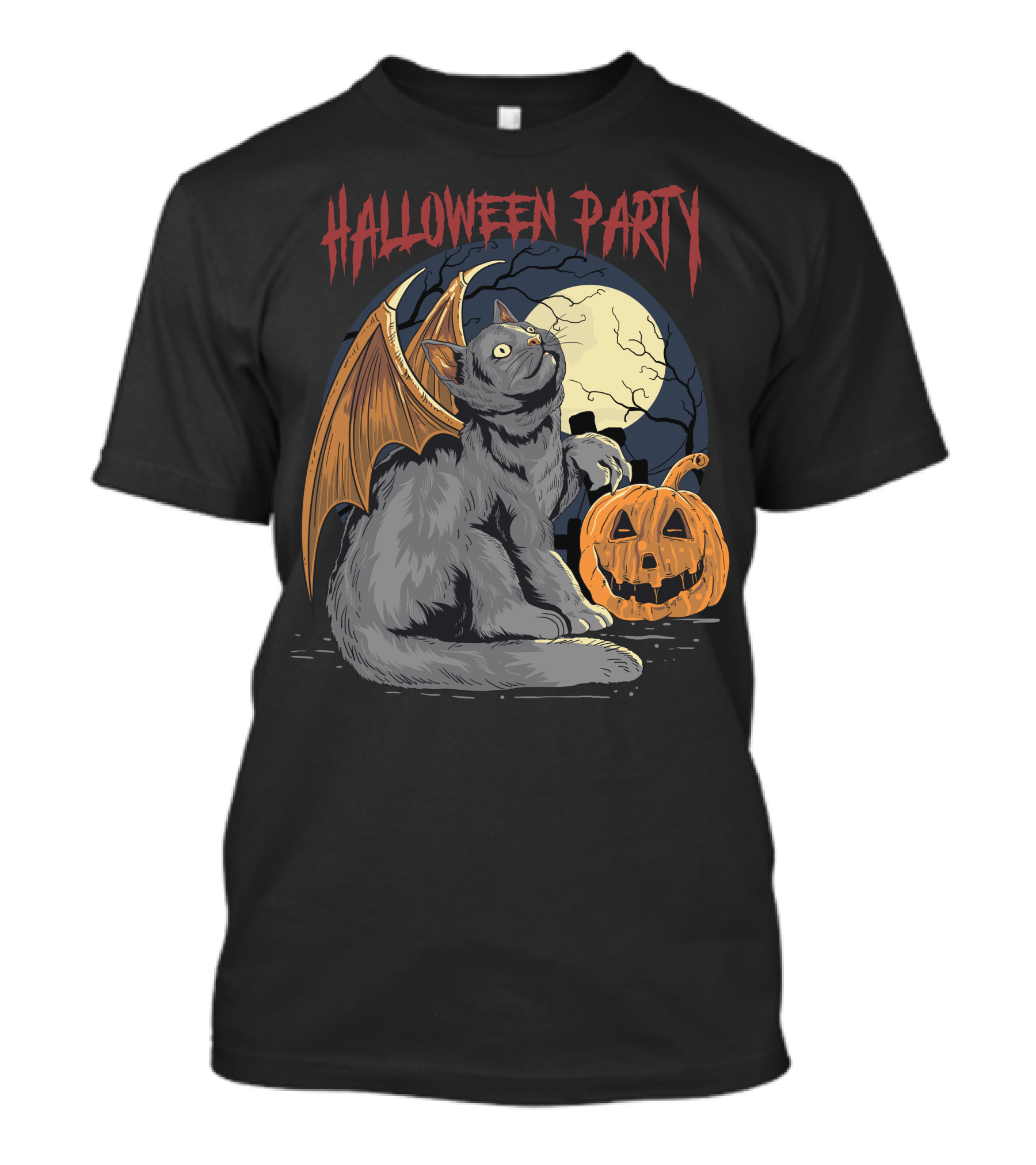 Halloween Party Black Cat With Bat Wings And Pumpkin Under Full Moon T-Shirt