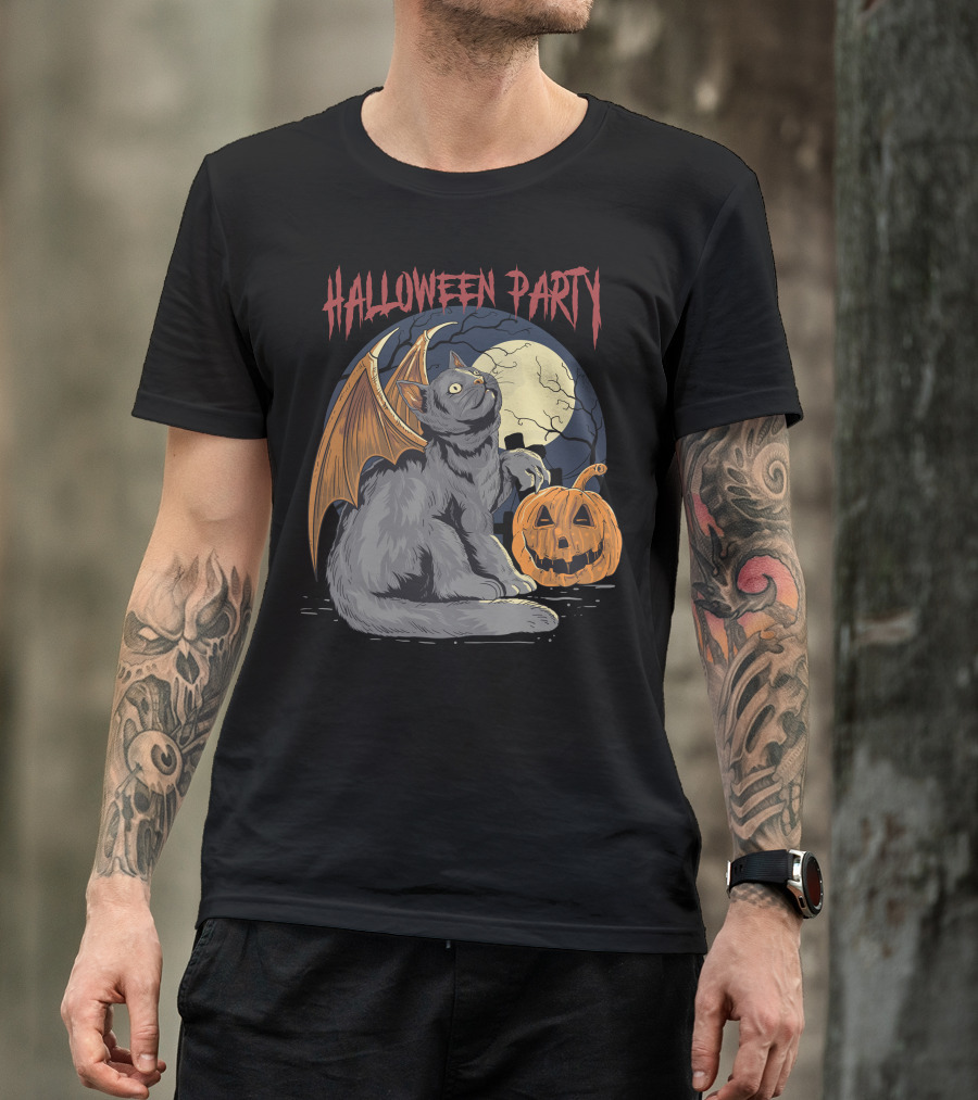 Halloween Party Black Cat With Bat Wings And Pumpkin Under Full Moon T-Shirt
