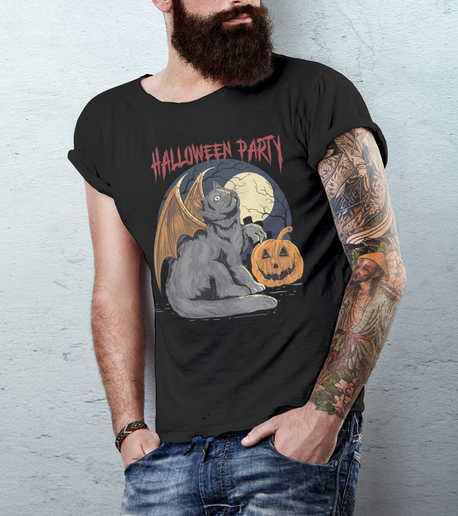 Halloween Party Black Cat With Bat Wings And Pumpkin Under Full Moon T-Shirt