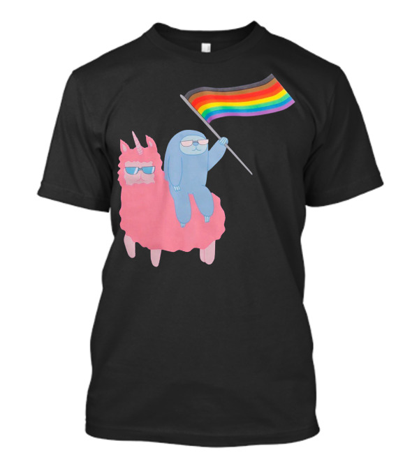 Sloth And Llama Riding With Pride Rainbow Flag T-Shirt