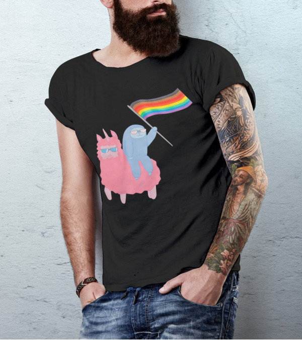 Sloth And Llama Riding With Pride Rainbow Flag T-Shirt