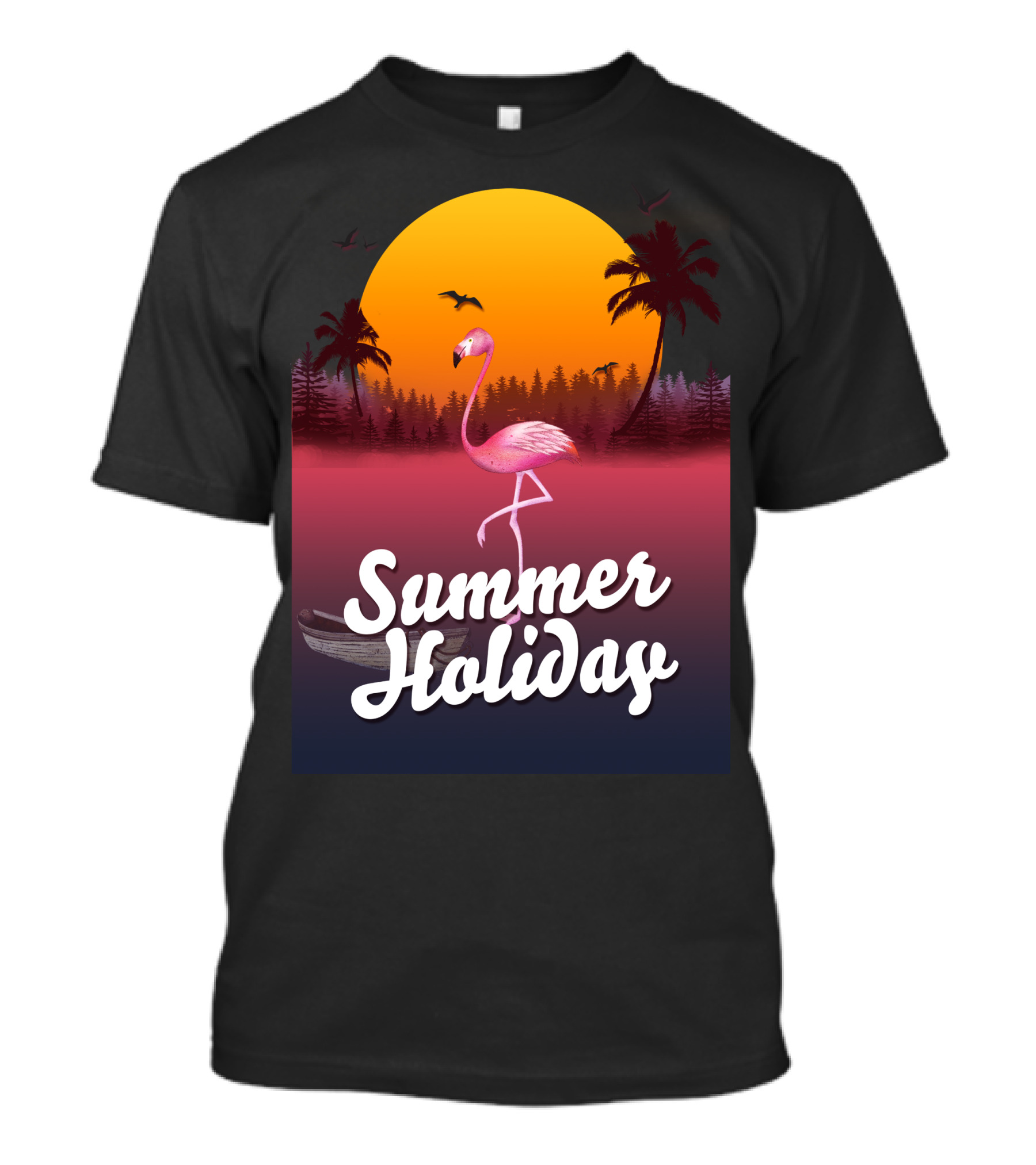 Summer Holidays Flamingo Sunset With Palm Trees And Bats T-Shirt