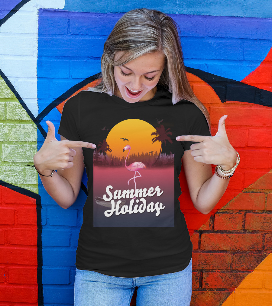 Summer Holidays Flamingo Sunset With Palm Trees And Bats T-Shirt