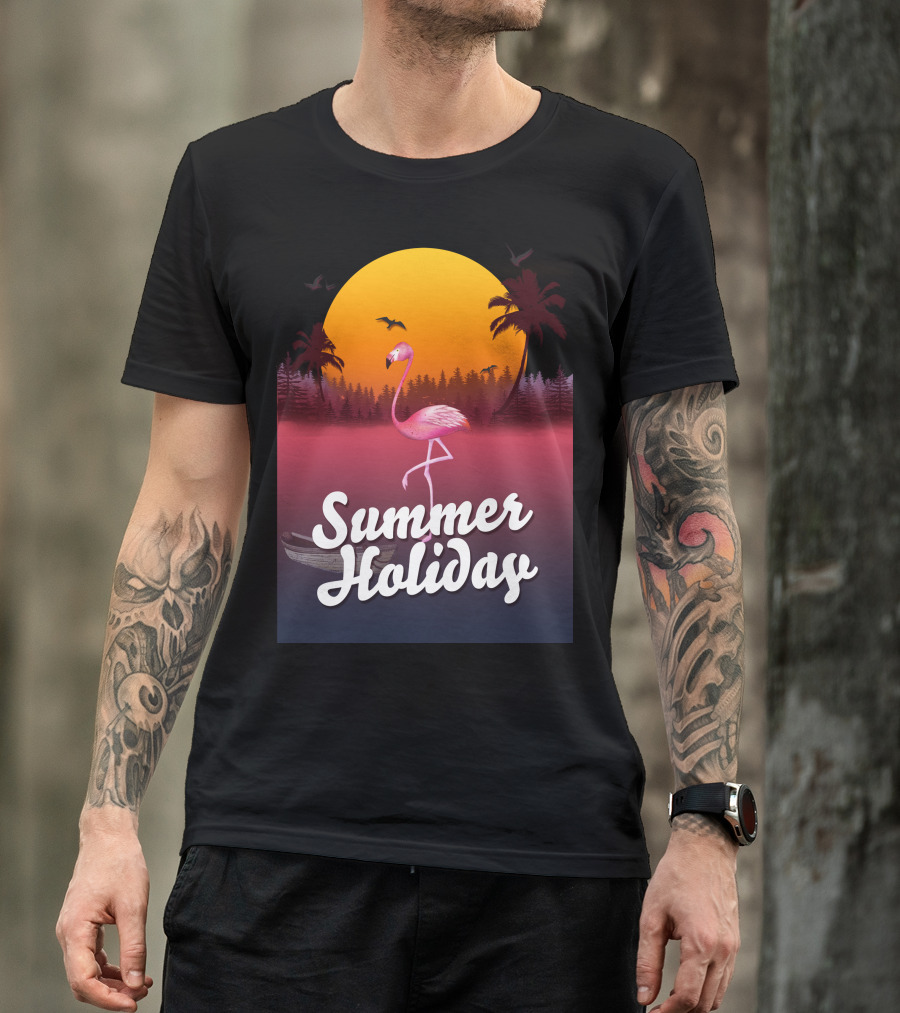 Summer Holidays Flamingo Sunset With Palm Trees And Bats T-Shirt