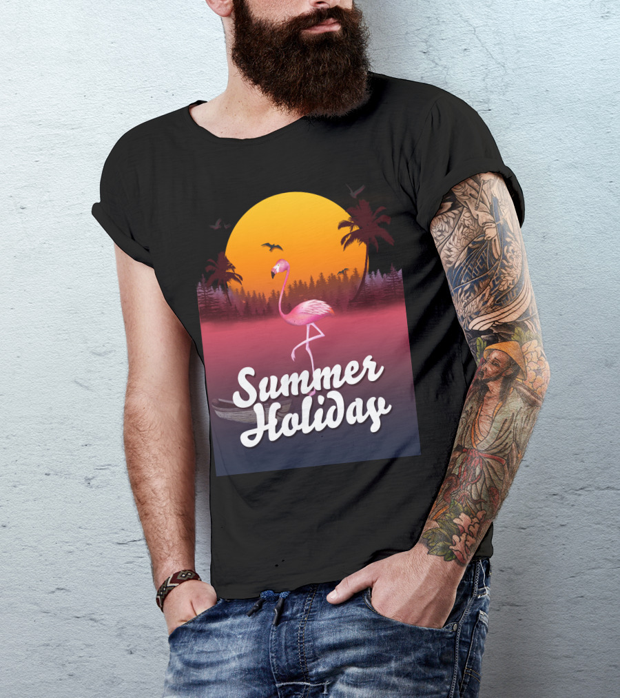 Summer Holidays Flamingo Sunset With Palm Trees And Bats T-Shirt