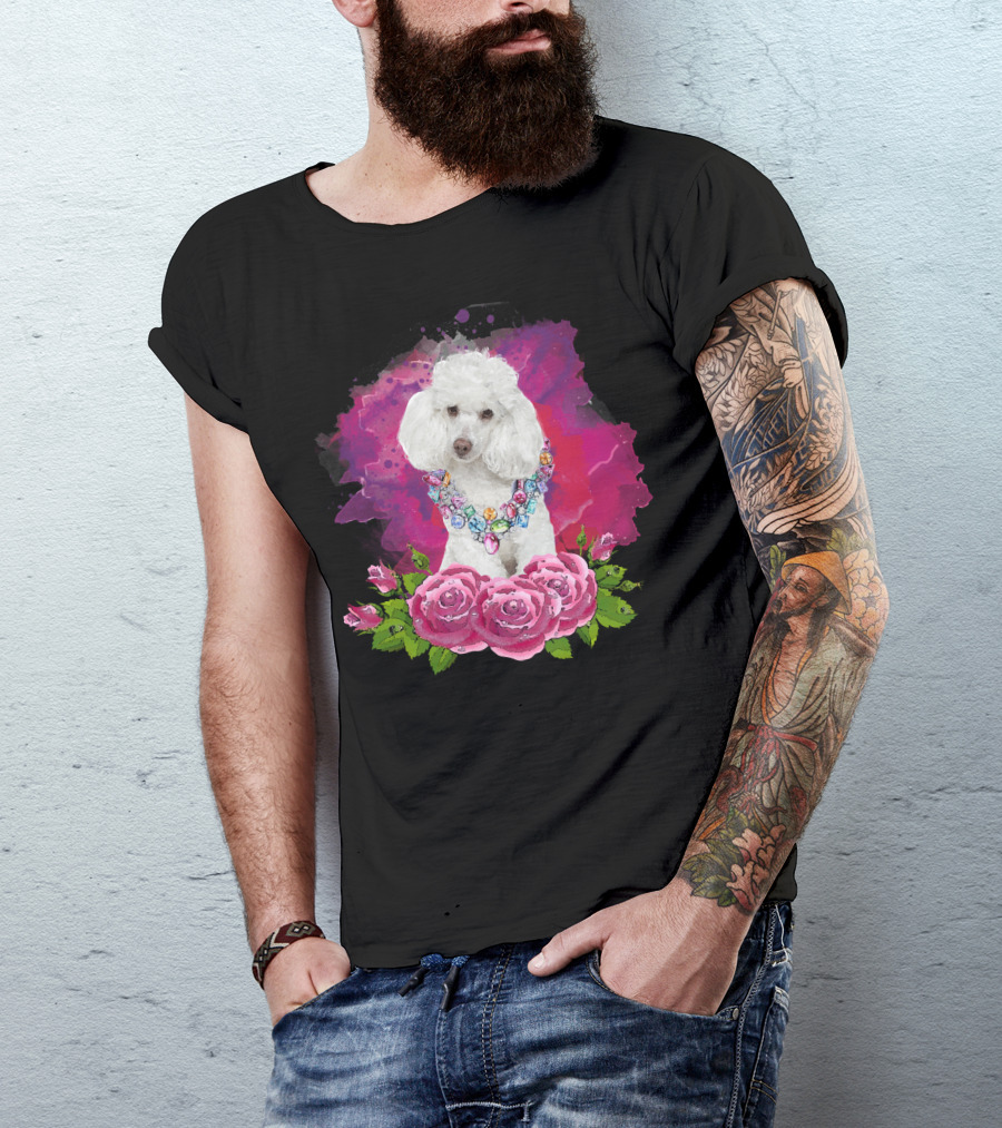 Watercolor Poodle With Colorful Jewels And Pink Roses T-Shirt