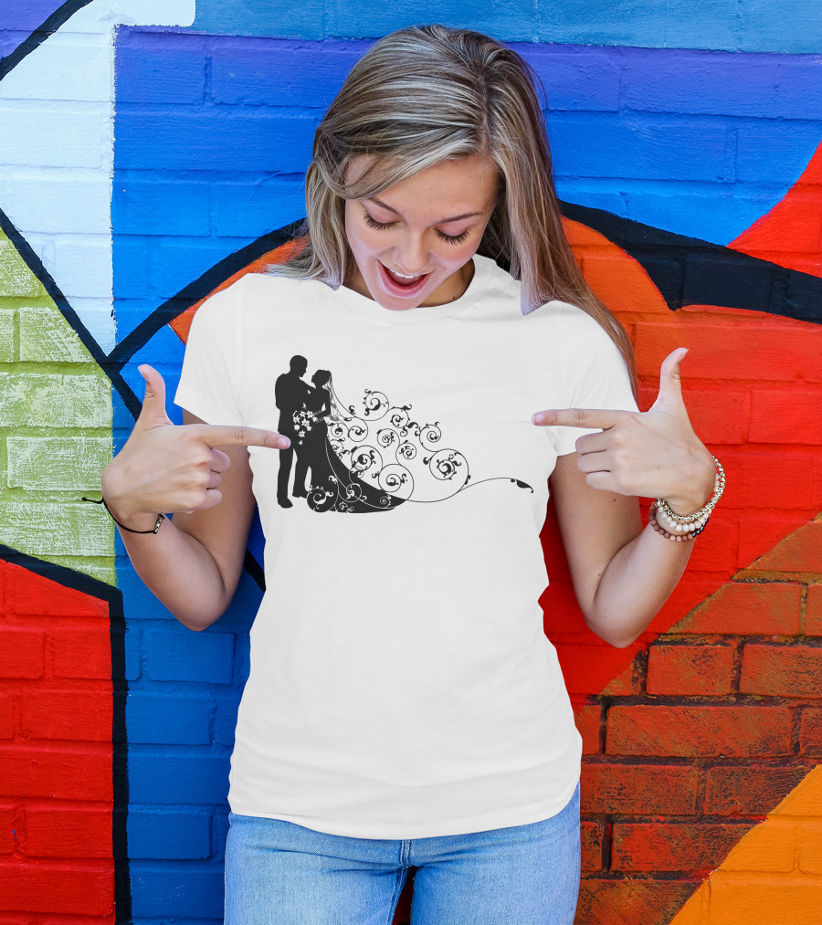 Bride And Groom Elegant Silhouette With Floral Swirl T-Shirt