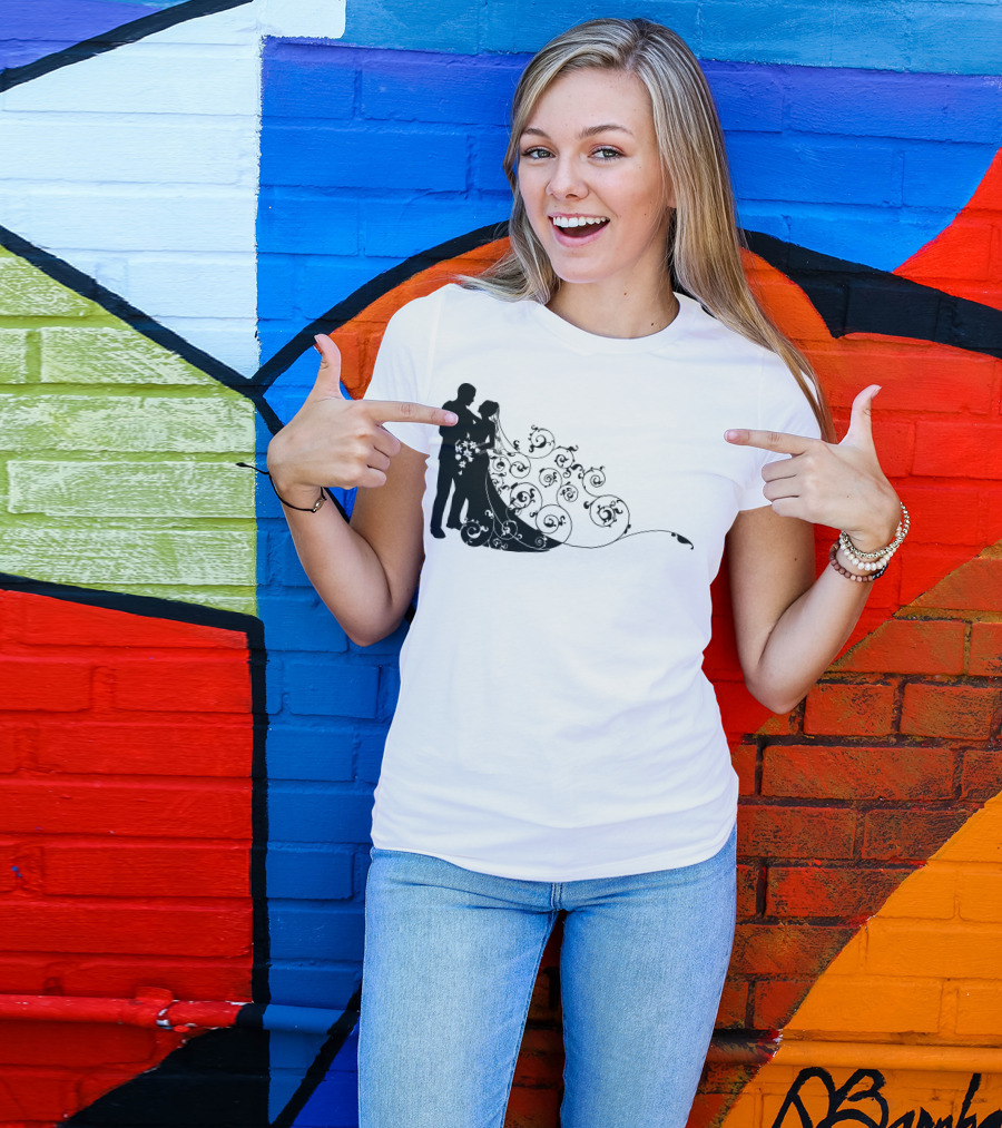 Bride And Groom Elegant Silhouette With Floral Swirl T-Shirt