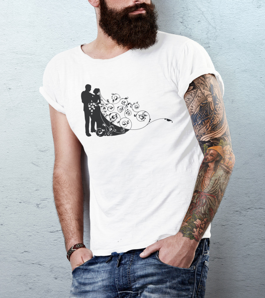 Bride And Groom Elegant Silhouette With Floral Swirl T-Shirt