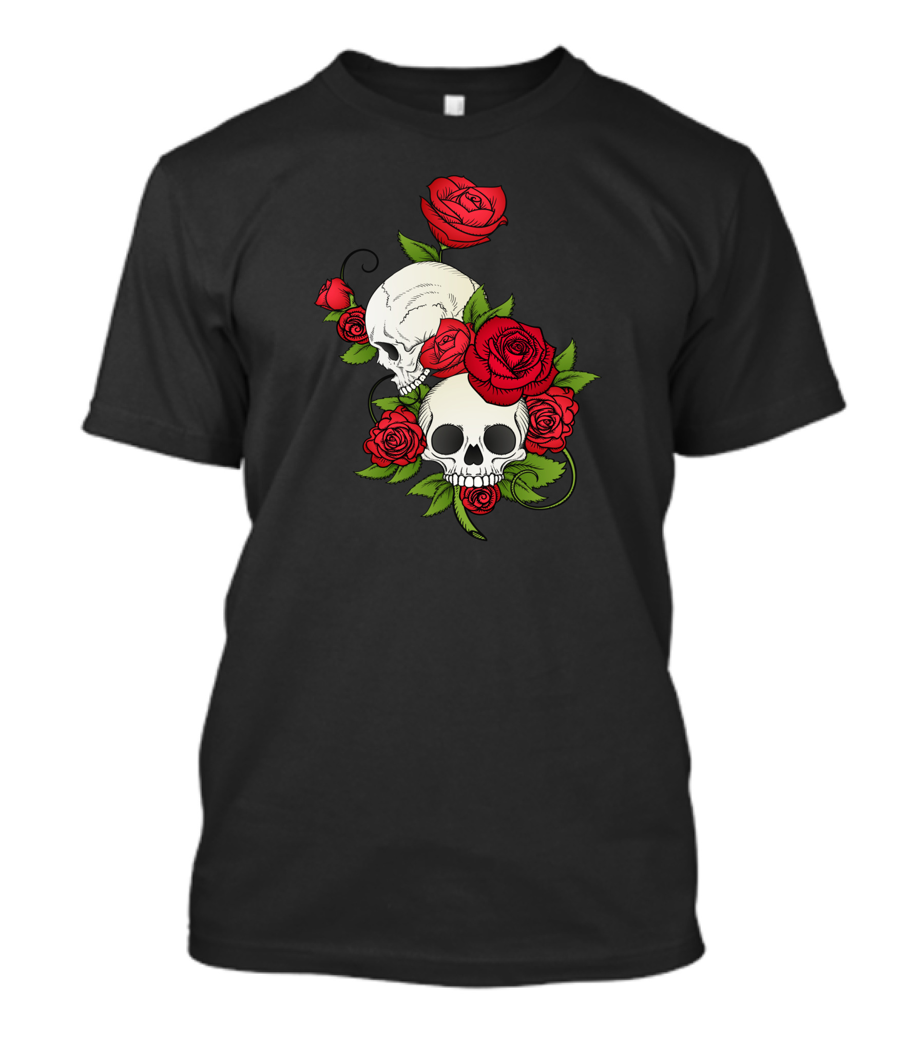Floral Skull With Red Roses And Green Leaves T-Shirt