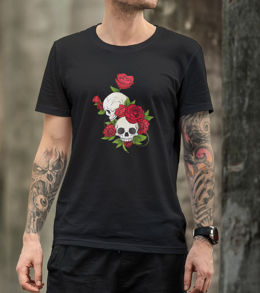 Floral Skull With Red Roses And Green Leaves T-Shirt