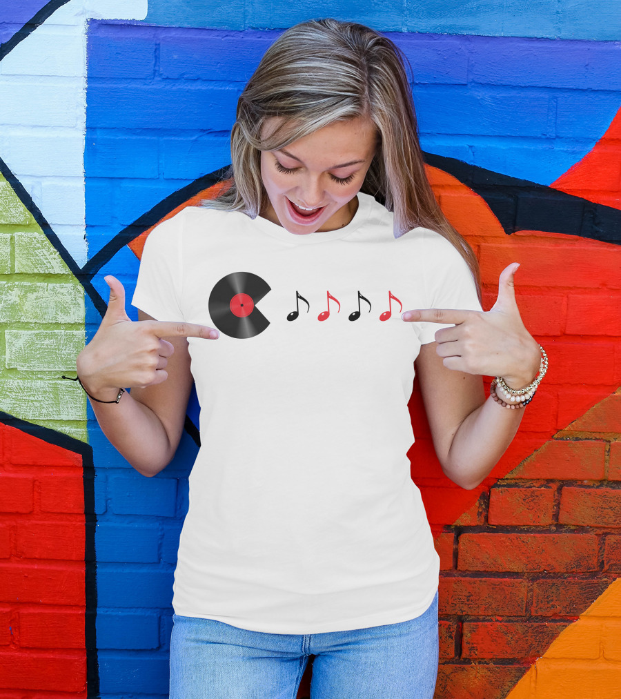 Pac Man Record Vinyl Music Notes Retro Gaming T-Shirt
