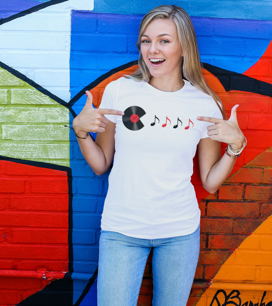 Pac Man Record Vinyl Music Notes Retro Gaming T-Shirt